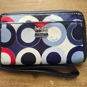 Coach Blue and Red Circle Pattern Wristlet